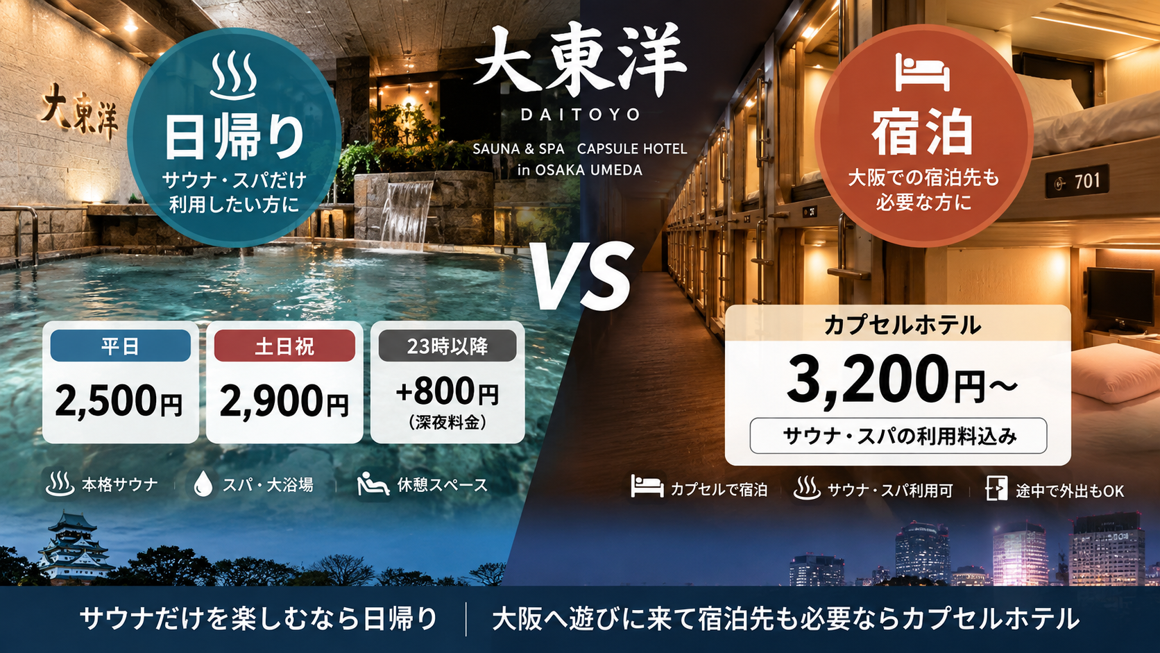 大東洋の日帰りサウナとカプセルホテル宿泊の料金比較