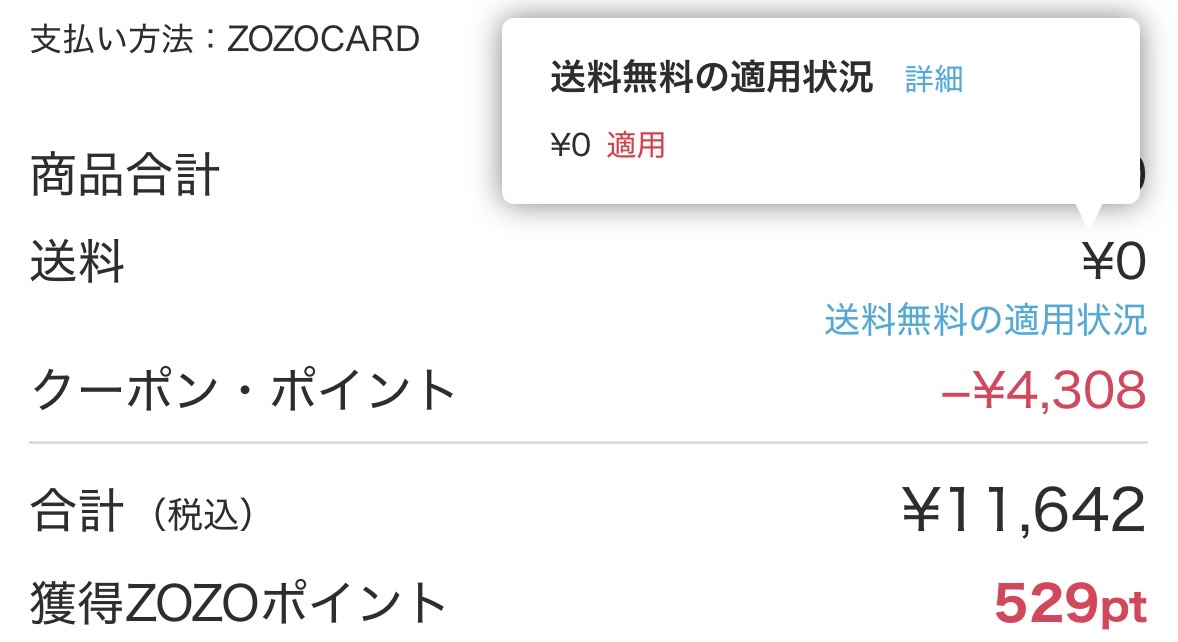 ZOZOTOWNでクーポンとポイントを併用し支払額が12,000円未満でも送料無料が適用された画面