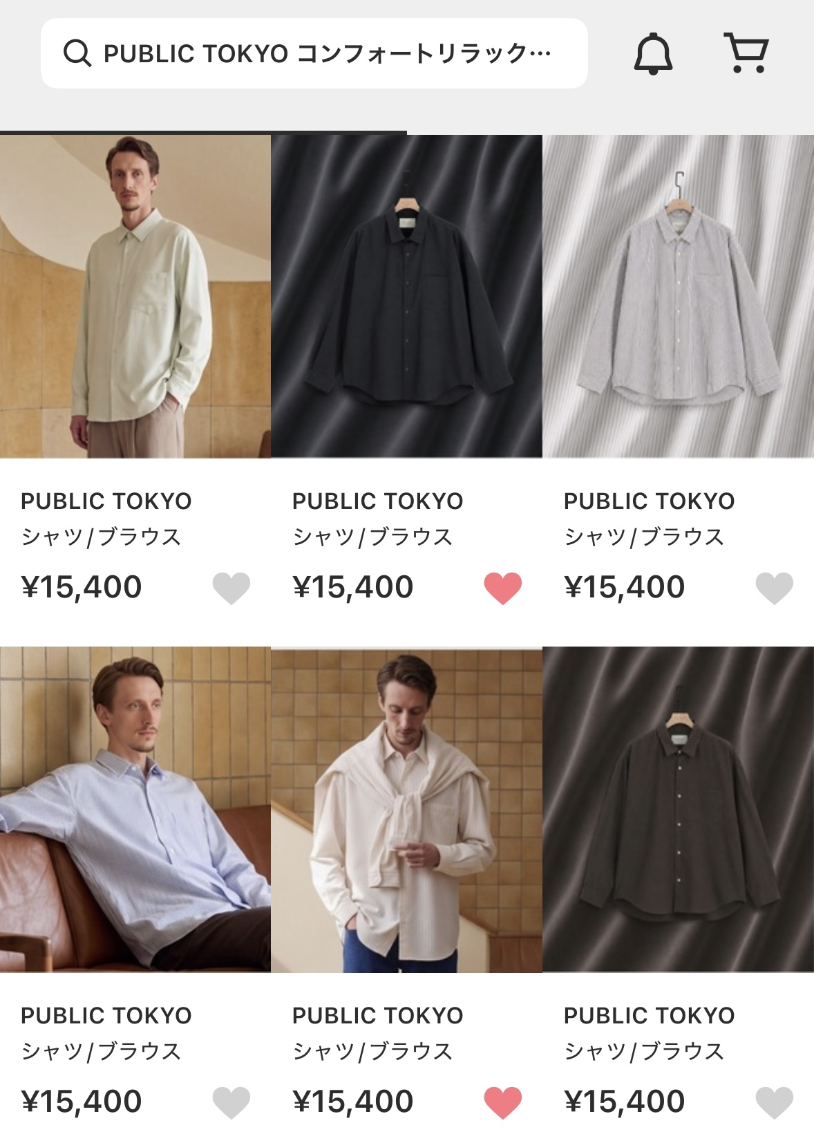 「PUBLIC TOKYO」と商品名を入力したZOZOTOWNの検索結果。最初の列からPUBLIC TOKYOのシャツが表示されている