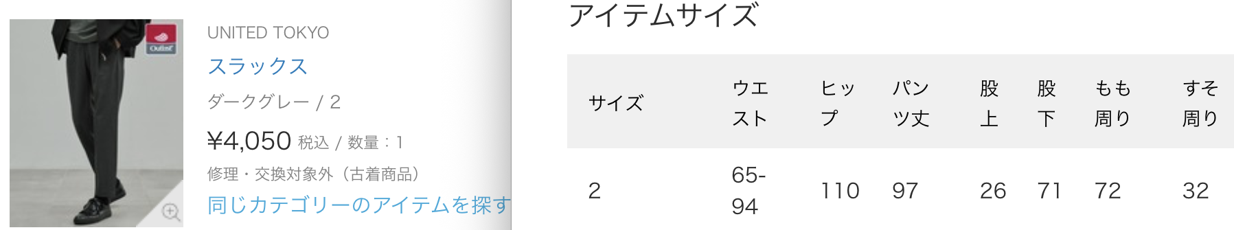 ZOZOUSEDの注文履歴に残っているUNITED TOKYOスラックスの掲載サイズ