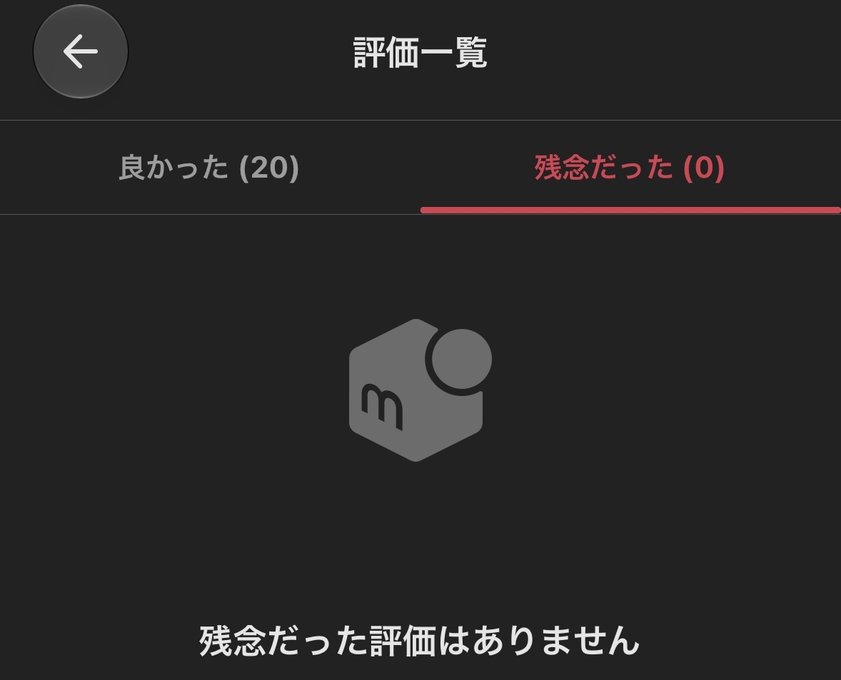 メルカリの評価一覧で「残念だった（0）」と「残念だった評価はありません」が表示された画面